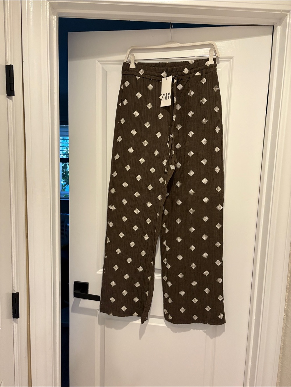 Zara Brown Wide Leg Pants with White Diamond Motif